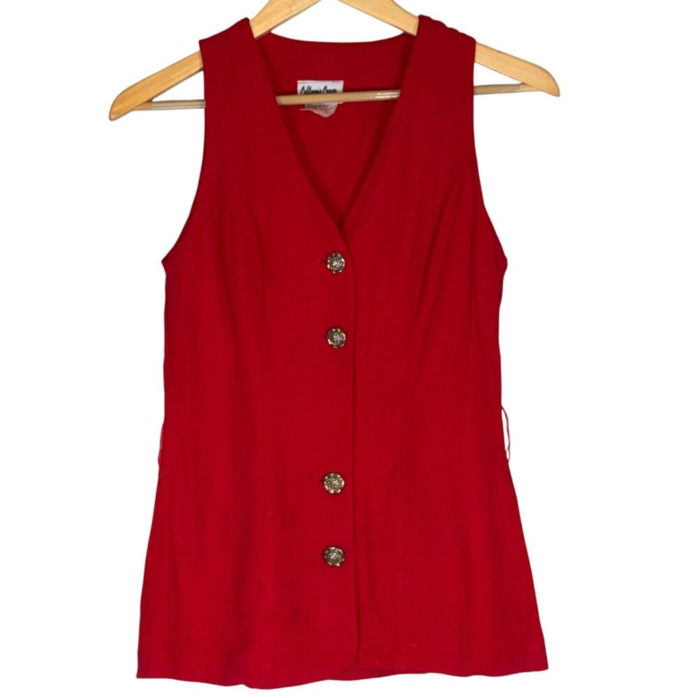 Long Line Cherry Red Button Up Vest Size 5 Gold Buttons Belted 90s Minimalist